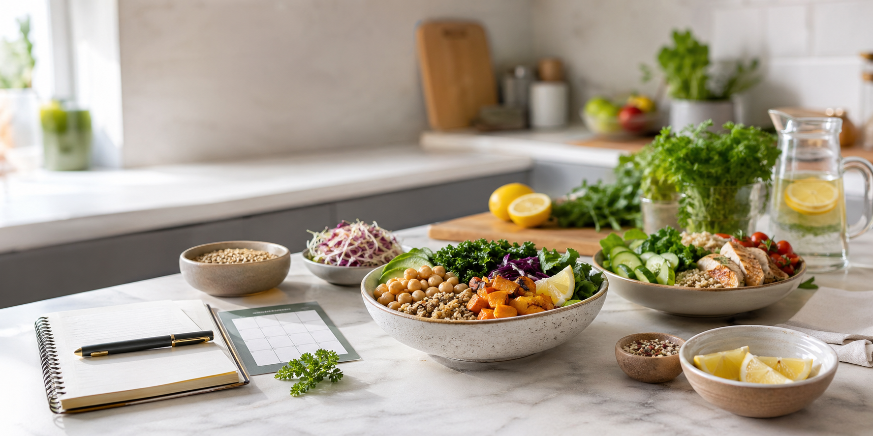 Healthy prepared meals on a bright kitchen counter